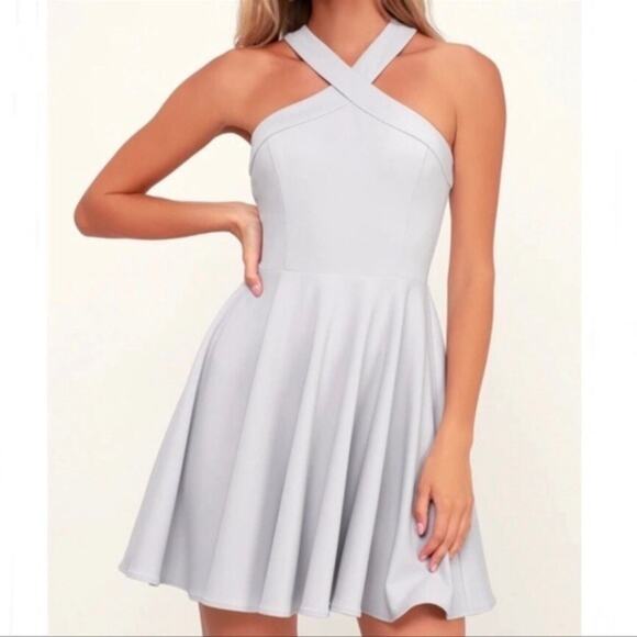 NWT Lulu’s The Way You Look Tonight Halter Neck Skater Light Gray Dress Size Med - Picture 1 of 16